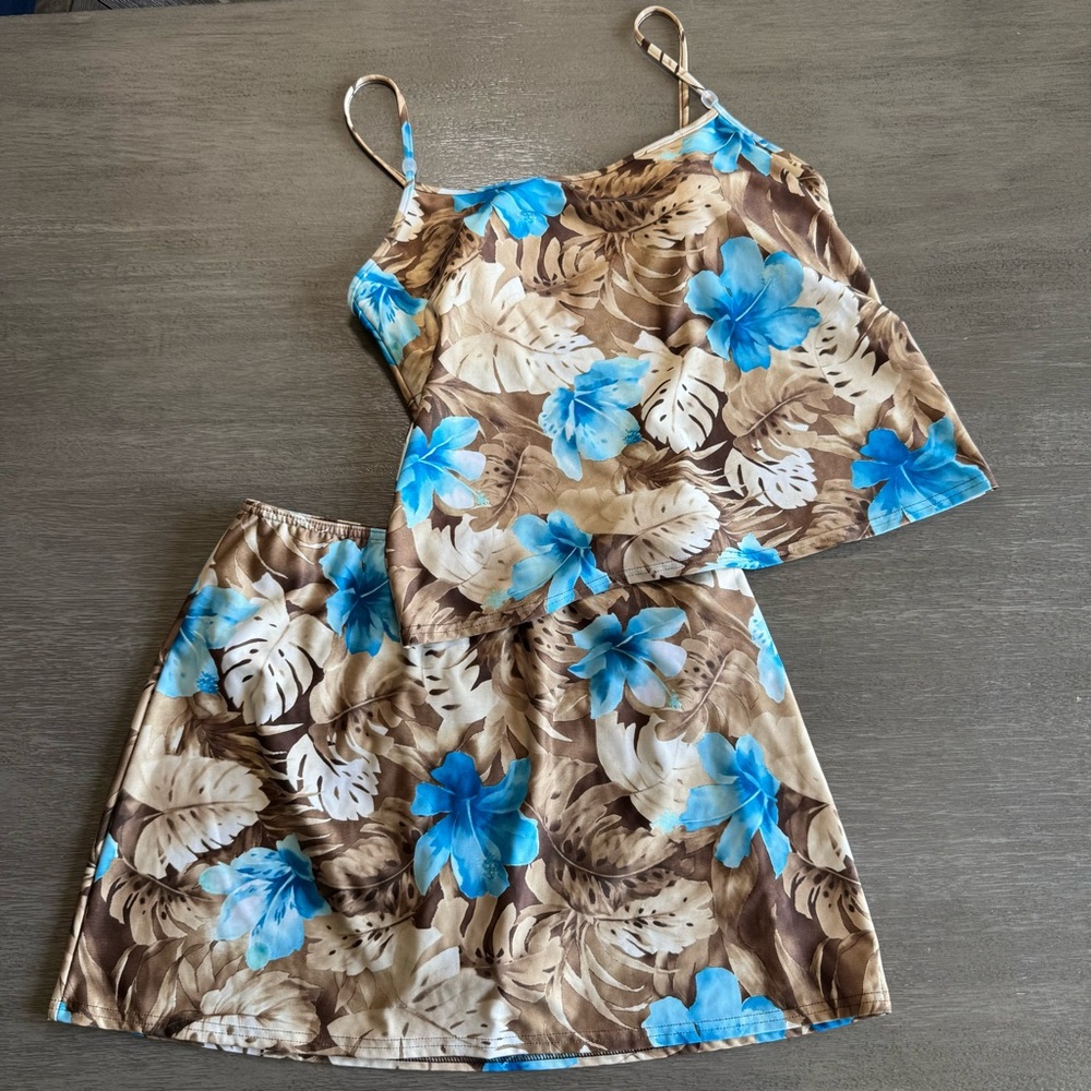 Vintage Skirt Set Tankini Swimsuit Tropical Floral S - Picture 2 of 10